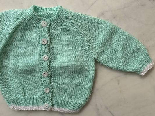 Handknitted Baby Cardigan - 3-6 months (Size:00) Pastel Mint Green with White Stripe